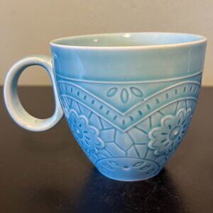 Gibson ELITE Soft Blue Glazed Wide-Mouth Cup Mug with Embossed Floral Medallions